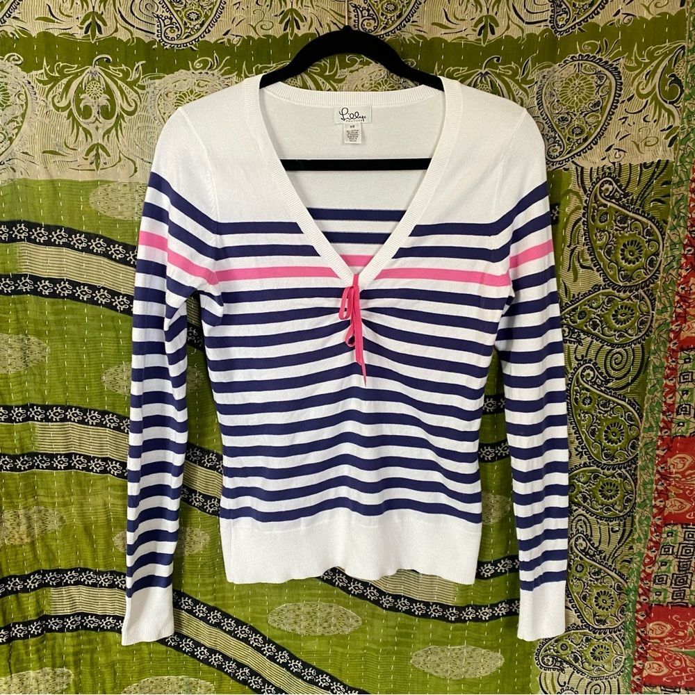 Vintage Lilly Pulitzer White/ Blue Striped Long Sleeve Sweater Size Extra Small
